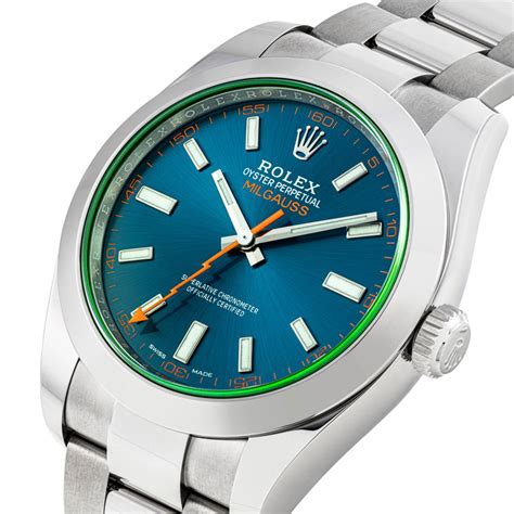 rolex - milgauss blue dial green crystal 2014|rolex milgauss 116400gv price.